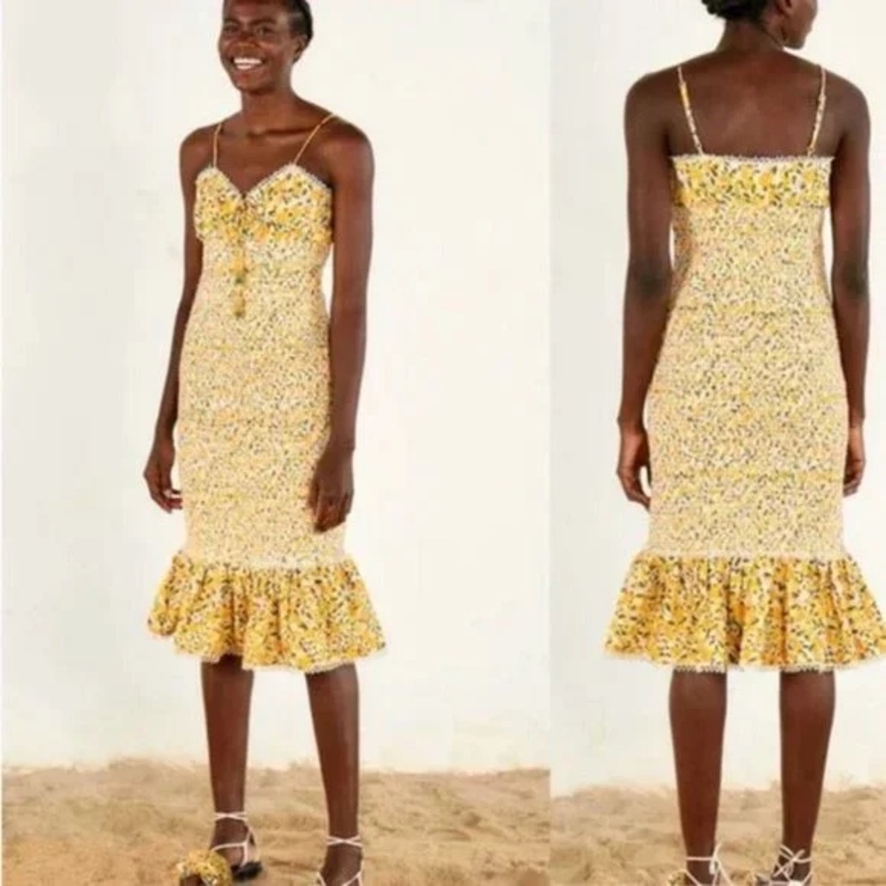 NWT Farm Rio Off White Cashew Midi Fruity Floral Tropical Yellow Dress Large
